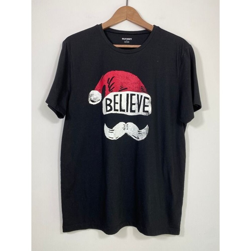 Old Navy Believe Santa Graphic Tee Black Christmas Shirt Size L